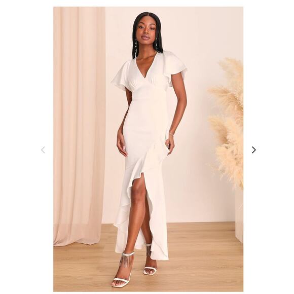 Lulus Eternal Bond White Satin Ruffled Flutter Sleeve Maxi Dress-Lg - Picture 1 of 4